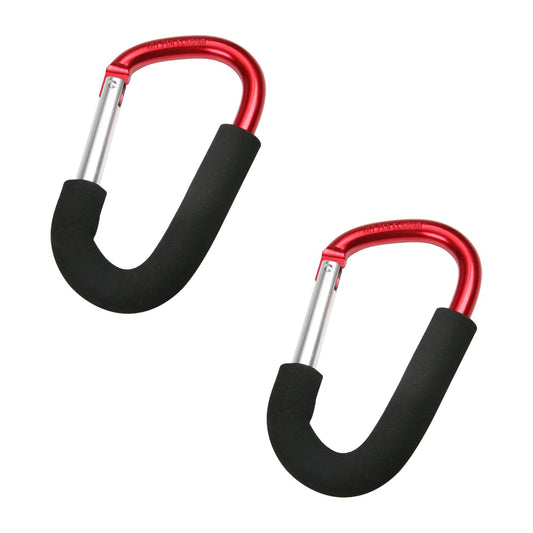 Pack of 2 Grocery Bag Holder Handle Carrier Tool Grip Your Tote，Handy Stroller Hooks, Multi Purpose Hooks, Pushchair Shopping Bag Hook Carabiner Maximum Load 6.61 Lb (Red)