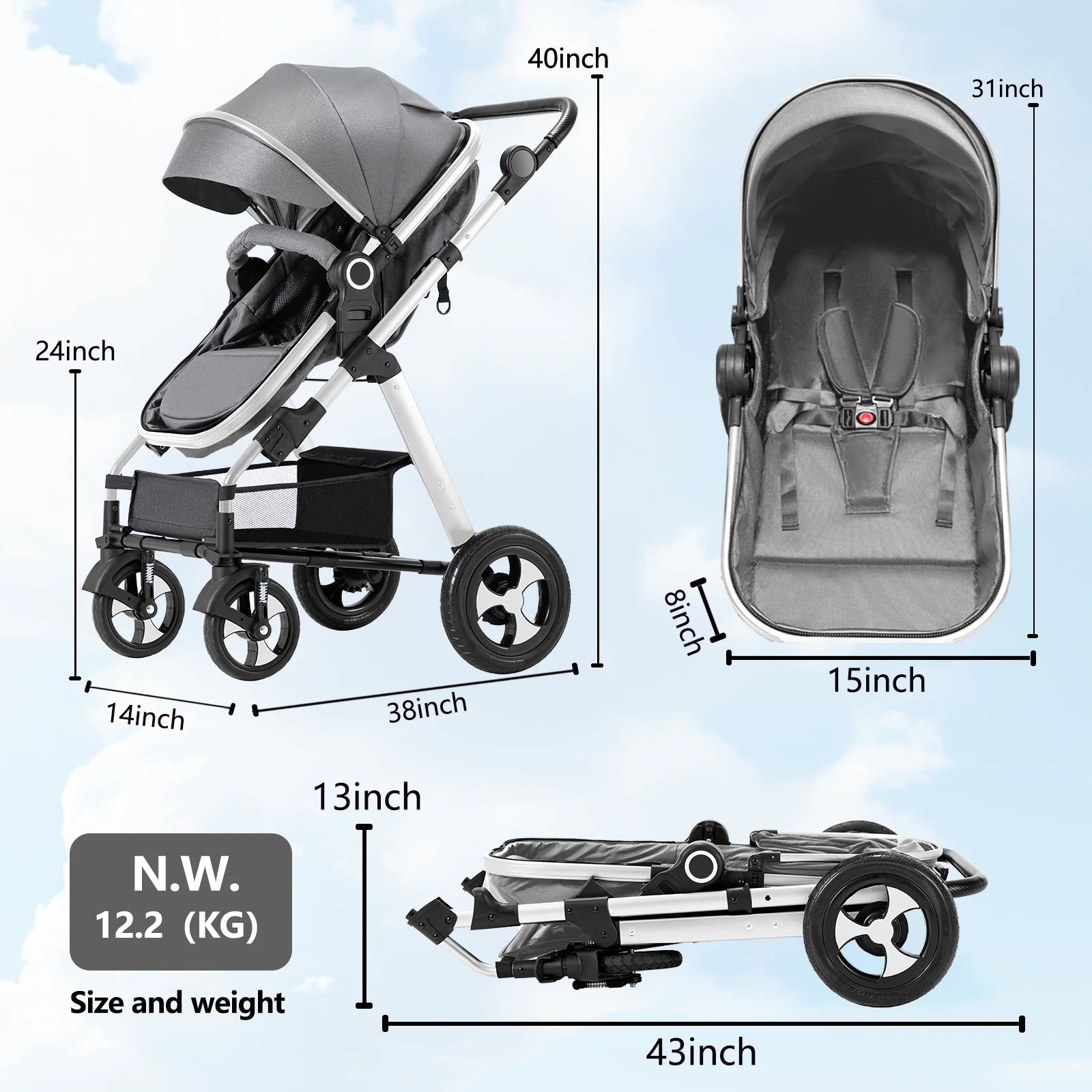 Baby Stroller for Newborn, 2 In1 High Landscape Stroller, Foldable Aluminum Alloy Pushchair with Adjustable Backrest.Adjustable Awning, Variable Seat and Recliner(Coffee)